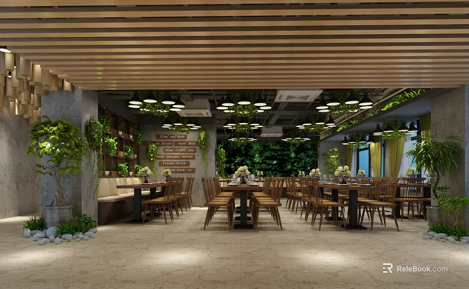 Modern Restaurant Interior With Wooden Slat Ceiling Hanging Lights And Indoor Green Plants 3d model 