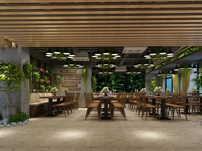 Modern Restaurant Interior With Wooden Slat Ceiling Hanging Lights And Indoor Green Plants 3d model