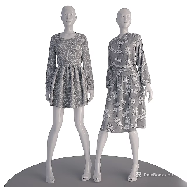 Women's Floral Pattern Long Sleeve Knee Length Dresses On Mannequins 3d model 