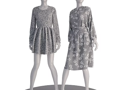Women's Floral Pattern Long Sleeve Knee Length Dresses On Mannequins 3d model