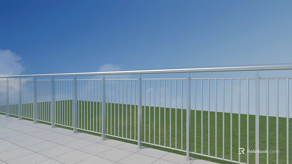 Outdoor Silver Metal Railing with Blue Sky Green Grass and Tile Floor 3d model 
