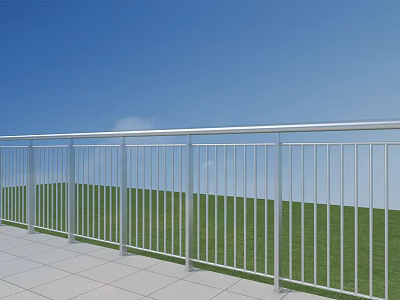 Outdoor Silver Metal Railing with Blue Sky Green Grass and Tile Floor 3d model