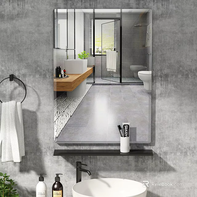 Modern Bathroom Mirror Showing Reflection Of Sink Toilet And Shower Area 3d model 