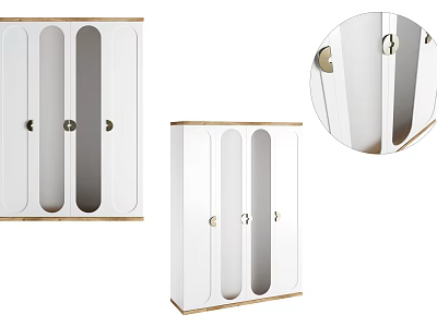 Modern White Wardrobe Design With Wooden Frame Oval Panel Doors And Metal Handles 3d model