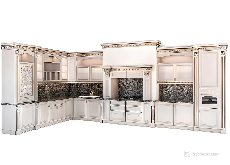Classic White Kitchen Interior With Cabinets Marble Countertops And Built In Appliances 3d model 