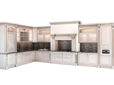 Classic White Kitchen Interior With Cabinets Marble Countertops And Built In Appliances 3d model