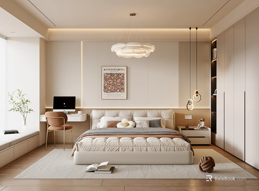 Modern Elegant Bedroom With Bed Nightstand Desk Chair Chandelier Artwork And Soft Tones 3d model 