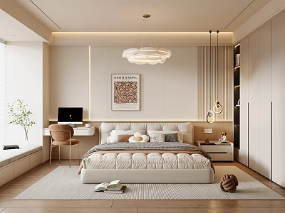 Modern Elegant Bedroom With Bed Nightstand Desk Chair Chandelier Artwork And Soft Tones 3d model