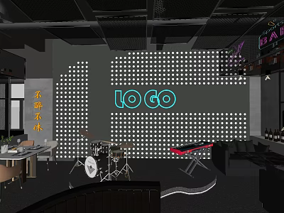 Modern Bar Interior With Neon LOGO Drum Set Keyboard And Dot Patterned Wall 3d model