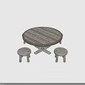 Round Wooden Table with Striped Top and Cross Base and Two Small Matching Stools