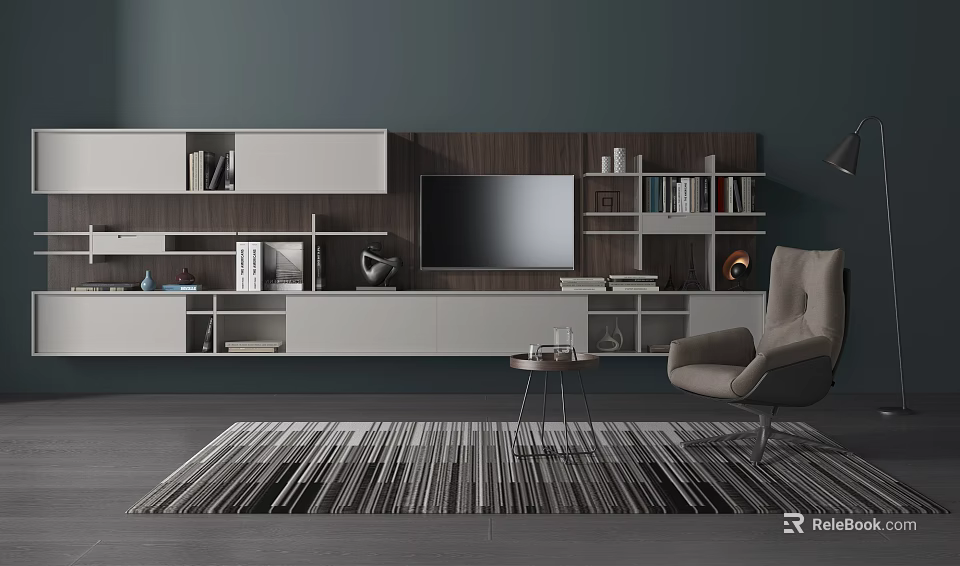 Modern White And Wooden TV Stand With Storage Shelves And Bookcase TV And Decorations 3d model 