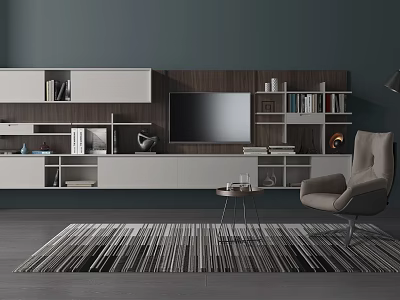 Modern White And Wooden TV Stand With Storage Shelves And Bookcase TV And Decorations 3d model