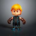 3D Cartoon Game Character With Orange Hair Red Eyes Black Jumpsuit And Brown Gloves