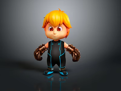 3D Cartoon Game Character With Orange Hair Red Eyes Black Jumpsuit And Brown Gloves 3d model