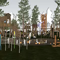 Outdoor Children's Playground With Log Climbing Structures Slide Green Lawn And Surrounding Trees