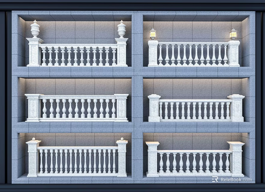 Various White Decorative Railings With Pillars And Exterior Lights For Balcony 3d model 