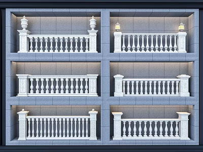Various White Decorative Railings With Pillars And Exterior Lights For Balcony 3d model