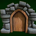 Lush Clover Covered Wooden Door With Stone Frame In Natural Setting