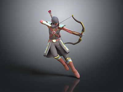 Archer Character In Dynamic Jumping Pose With Bow And Decorative Armor Outfit 3d model