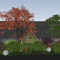 Garden Landscape With Red Leaf Trees Pink Flowering Trees Dark Wall Round Lights On Lawn