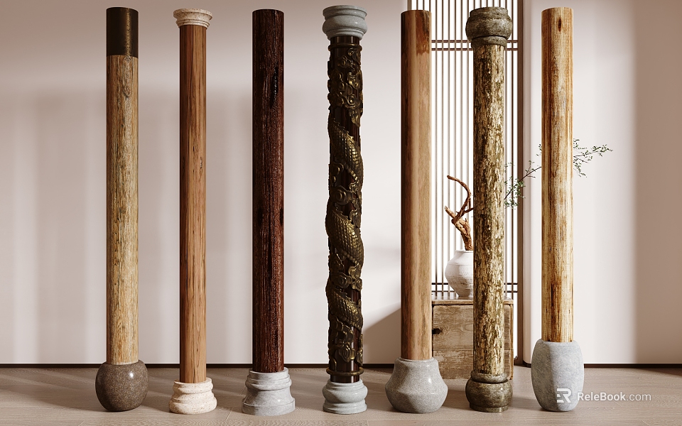 Diverse Style Columns with Various Materials Decorative Carvings and Vase Plants in Interior 3d model 