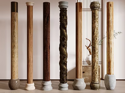 Diverse Style Columns with Various Materials Decorative Carvings and Vase Plants in Interior 3d model