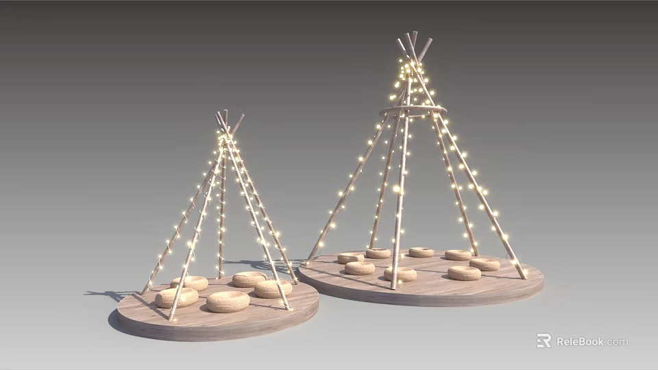 Decorative Lights With Teepee Shape Wooden Frame String Lights Round Base And Cushions 3d model 