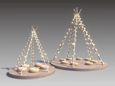 Decorative Lights With Teepee Shape Wooden Frame String Lights Round Base And Cushions 3d model