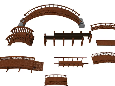 Wooden Garden Bridges With Various Arched And Flat Designs And Railings 3d model