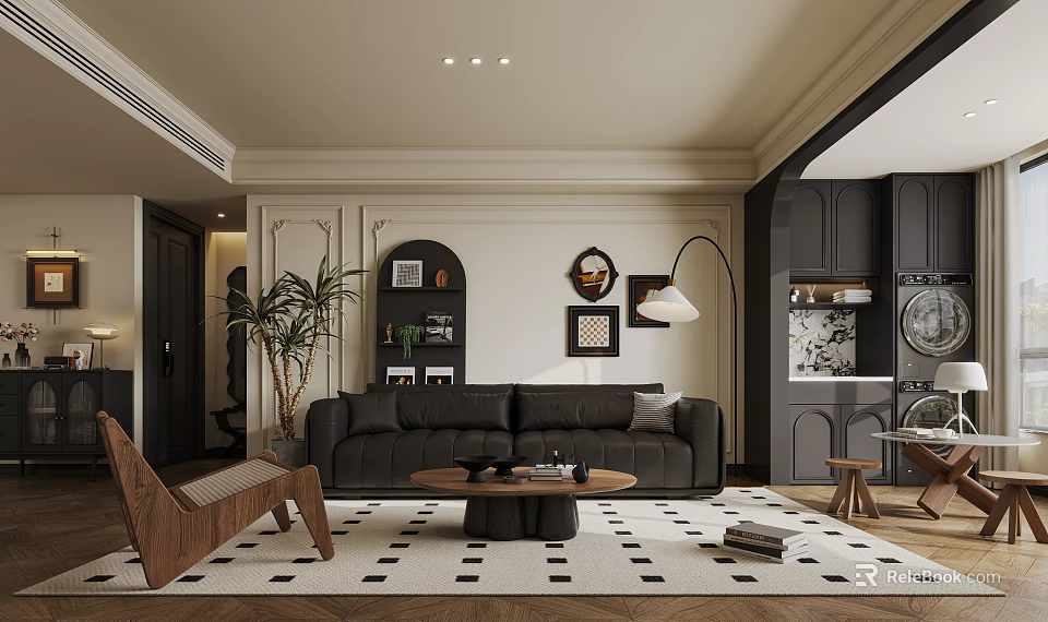 Modern Living Room Interior With Dark Sofa Wooden Coffee Table Geometric Rug And Floor Lamp 3d model 