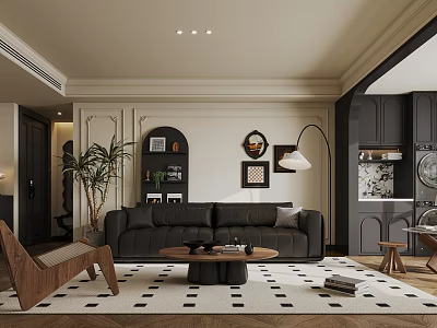 Modern Living Room Interior With Dark Sofa Wooden Coffee Table Geometric Rug And Floor Lamp 3d model
