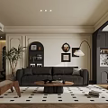 Modern Living Room Interior With Dark Sofa Wooden Coffee Table Geometric Rug And Floor Lamp