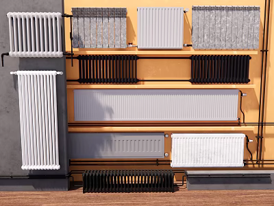 Various Style Radiators in Different Colors Displayed on Colored Interior Walls 3d model