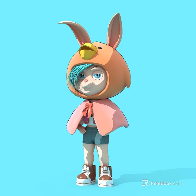 Blue Haired Game Movie Character In Orange Rabbit Ear Costume With Cape And Shorts 3d model 