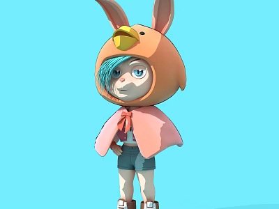 Blue Haired Game Movie Character In Orange Rabbit Ear Costume With Cape And Shorts 3d model