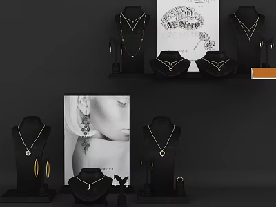 Elegant Jewelry Ornament Combination Featuring Necklaces Earrings Display Stands And Design Sketches 3d model