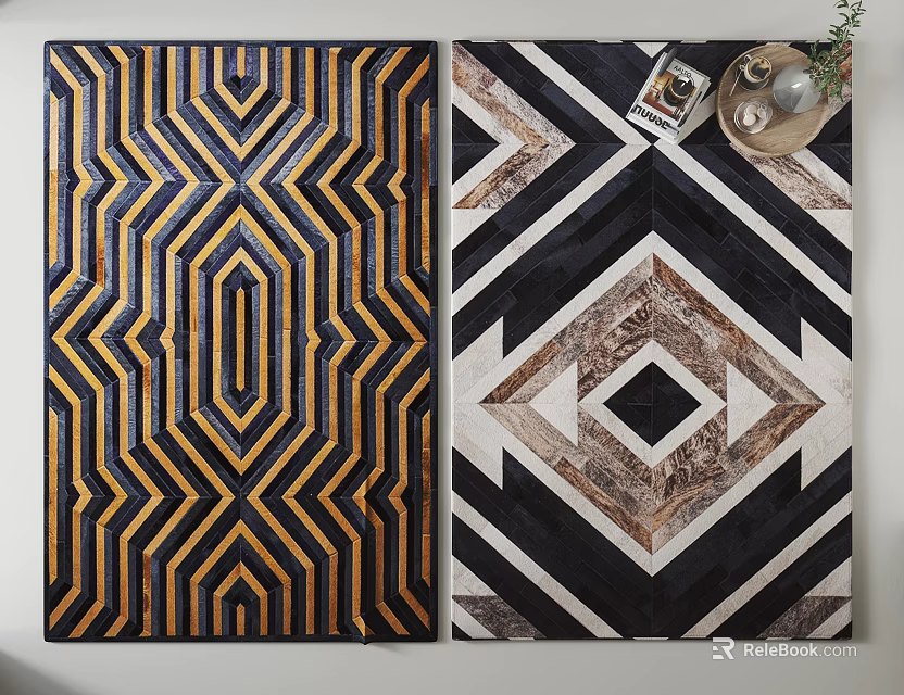 Modern Square Rugs Featuring Geometric Patterns In Blue Orange Black And Brown 3d model