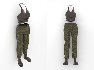 Trendy Tank Top And Camouflage Pants Outfit Featuring Black Dark Gray Color For Casual Wear 3d model