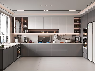 Modern Kitchen Interior Design With Gray Cabinets Island Counter And Built-in Appliances 3d model