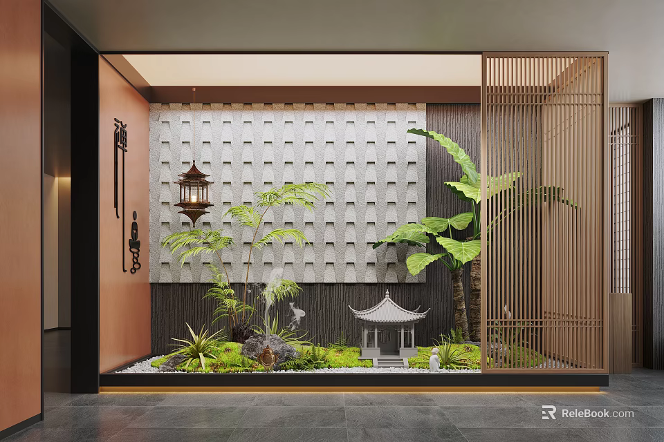 Indoor Japanese Zen Landscape with Wooden Lattice Screen Lantern Plants and Mini Pavilion 3d model 