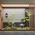 Indoor Japanese Zen Landscape with Wooden Lattice Screen Lantern Plants and Mini Pavilion