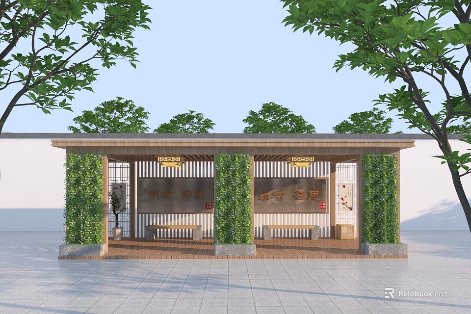 Traditional Chinese Style Pavilion Entrance With Green Vines Wooden Structure And Stone Floor 3d model 