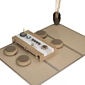 Japanese Style Wooden Tea Table and Chairs with Woven Stools and Tea Set on Tatami