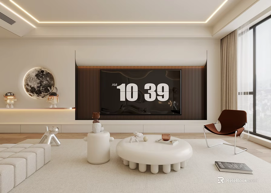 Modern Living Room Interior With Large TV White Sofa Round Coffee Table And Brown Chair 3d model 