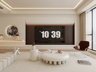 Modern Living Room Interior With Large TV White Sofa Round Coffee Table And Brown Chair 3d model