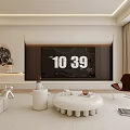 Modern Living Room Interior With Large TV White Sofa Round Coffee Table And Brown Chair