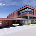 Modern Red Brick School Building Facade With Large Windows Open Green Space And Red Track