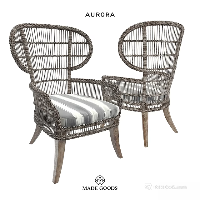 Rattan Leisure Chairs With Striped Seat Cushions And Wooden Legs 3d model 