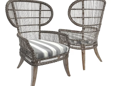 Rattan Leisure Chairs With Striped Seat Cushions And Wooden Legs 3d model