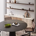 Modern Round Dining Table Set With Rattan Chairs And Wooden Shelves Decorative Items
